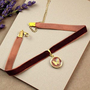 Dark Brown Velvet Butterfly Choker Necklace with Gold Enamel Pendant Adjustable Vintage Cottagecore Jewelry Romantic Fairycore Accessory