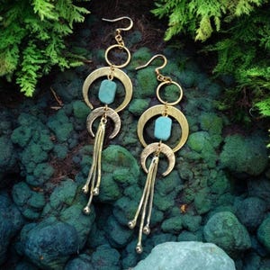 Aquamarine Crescent Moon Earrings with Gold Moons and Tassels Boho Witchy Celestial Jewelry for Dreamy and Spiritual Style