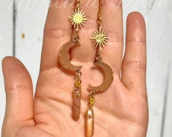 Golden Moon & Honey Crystal Earrings Celestial Sun Charm Dangle Earrings Boho Gold Quartz Jewelry Witchy Lunar Earrings Handmade