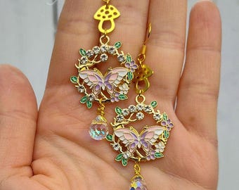 Whimsical Butterfly Flower Earrings Fairycore Pastel Drop Earrings with Crystal Dangle Enamel Gold Dainty Forest Jewelry Gift