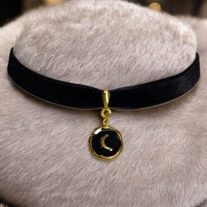 Celestial Crescent Moon Black & Gold Pendant Black Velvet Choker Necklace Witchy Gothic Gift for Women Handmade