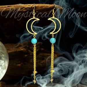 Boho Crescent Moon & Turquoise Gemstone Tassel Dangle Earrings Gold Celestial Chains with Stars Witchy Boho Handmade Statement Jewelry