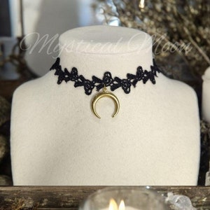 Black Lace Choker Necklace Victorian-Inspired Floral and Heart Design with Celestial Star Charms Gothic Witchy Adjustable Elegant Whimcal St