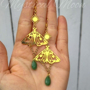 Golden Moth Green Drop Earrings Sun Charm Fairycore Dangle Earrings Whimsical Witchy Jewelry Celestial Earrings