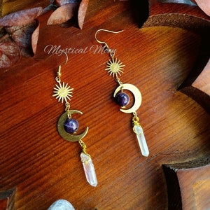 Dainty Moon Earrings with Amethyst & Quartz Gemstones Handmade Celestial Earrings Healing Gemstone Crystal Earrings Gift for Her