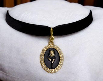 Victorian Gothic Black Velvet Choker with Oval Pearl & Rose Black Pendant Vintage Witchy Wiccan Handmade Jewelry Necklace Gothic Gift