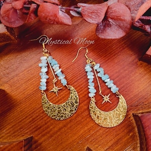 Moon Goddess Healing Aquamarine Crystals Gemstones Dangle Earrings Moon & Stars Wiccan Witchy Boho Earrings Mystical Jewelry Hammered Moon C