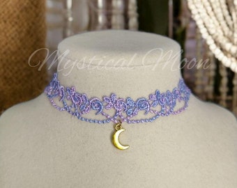 Whimsical Lace Choker Necklace lavender Purple Dainty Elegant Floral Flowers with Gold Moon Charm Pendant Fairycore Boho Bohemian Handmade