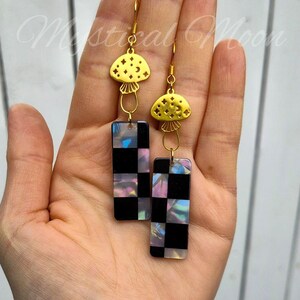 Whimsigoth Mushroom Dangle Earrings Acrylic Checkerboard Statement Earrings in Iridescent Pastel & Black Whimsical Cottagecore Jewelry