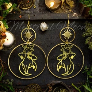 Magical Large Dangle Earrings Celestial Sun Mystical Hand Palmistry Charm Hoop Jewelry Gold Tone Witchy Wiccan Handmade Jewelry