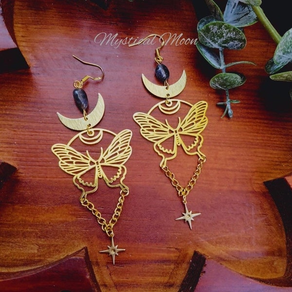 Witchy Butterfly Gothic Goth Earrings with Iolite Gemstones Handmade Jewelry