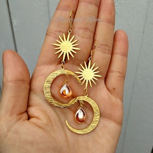 Crescent Moon with Sun Celestial Dangle Earrings with Golden Crystal Drop Wiccan Gift for Her Handmade Jewelry Statement Earrings