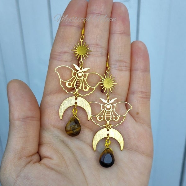 Moth Butterfly Earrings with Tiger's Eye Gemstone Teardrops Moon & Star