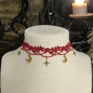 Red Lace Choker Necklace with Gold Moon and Star Charms Gothic Celestial Boho Jewelry for Women Adjustable Handmade Necklace Gift for Her