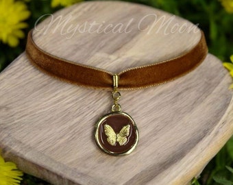 Light Brown Velvet Choker Necklace with Butterfly Pendant Vintage-Inspired Boho Jewelry for Women Whimsical Fairy Adjustable Statement
