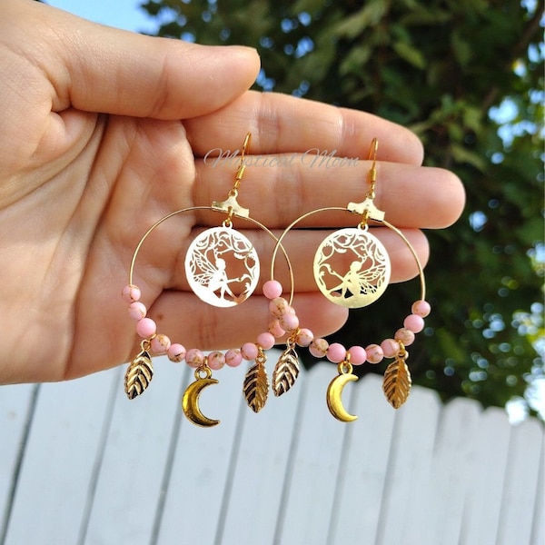 Whimsical Fairy Dream Earrings Loop Golden Leaves & Moon Celestial Design Fairycore Cottagecore