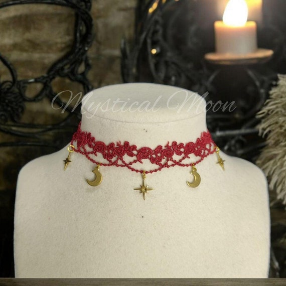 Red Lace Choker Necklace With Gold Moon and Star Charms Gothic