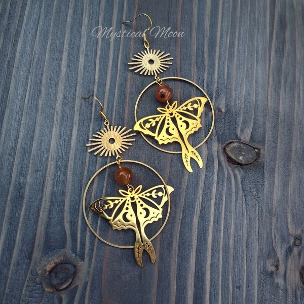 Moth Earrings with Orange Gemstone Beads Goth Gothic Jewelry Handmade Fairy Earrings
