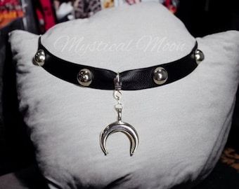 Gothic Riveted Punk Black Faux Leather Choker Necklace with Silver Crescent Moon Pendant Charm Witchy Wiccan Handmade Jewelry