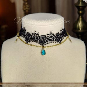 Black Lace Choker Necklace with Golden Chain Blue Crystal Pendant and Stars Celestial Gothic Victorian Jewelry