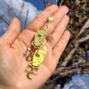 Celestial Hand Charm Earrings with Crescent Moon & Star Dangles Mystical Gold Statement Jewelry Witchy Boho Fortune Teller Earrings