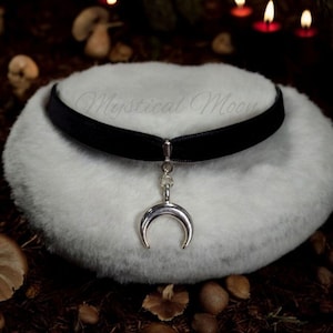 Celestial Crescent Silver Moon Black Velvet Choker Necklace Handmade Gothic Goth Jewelry Witchy Wiccan Accessory Casual