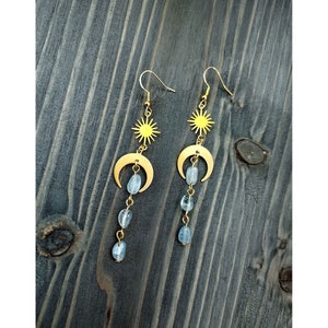 Magical Star & Moon Dainty Dangle Earrings with Healing Aquamarine Gemstones Witchy Boho Earrings Wiccan Earrings