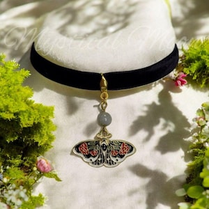 Moth Pendant Black Velvet Choker Necklace with Labradorite Gemstone Bead Witchy Wiccan Handmade Jewelry Whimsigoth Whimsical Gift for Her