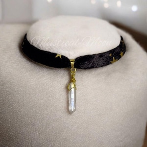 Magical Clear Quartz Shard Gemstone Pendant on Celestial Star Print Black Velvet Choker Necklace Witchy Wiccan Handmade Jewelry Gothic Goth