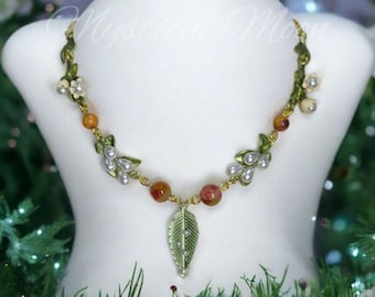 Enchanted Garden Green Leaf Necklace Boho Fairycore Jewelry with Green Leaves, Pearls & Earthy Gemstones Cottagecore Witchy