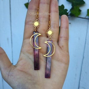Crescent Moon Dangle Earrings with Acrylic Geometric Purple Rod Celestial Sun Bohemian Whimsical Jewelry Gift for Her