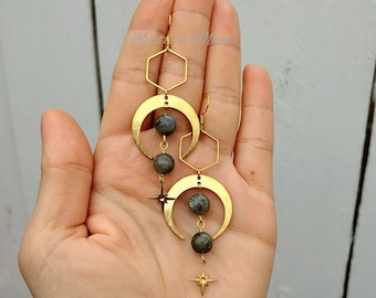 Geometric Crescent Moon Earrings with Labradorite Gemstone Beads Celestial Stars Witchy Gift for Her Handmade Cosmic Jewelry