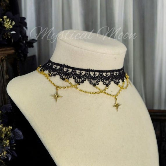 Black Lace Choker Necklace With Celestial Stars and Chains Gothic