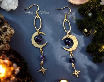 Dainty Celestial Earrings with Amethyst Beads Gemstones Crescent Moon Golden Crystal Earrings Everyday Jewelry Gift for Her