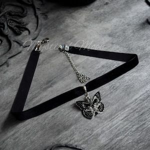 Skull Butterfly Gothic Punk Black Velvet Choker Necklace Witchy Wiccan Handmade Jewelry Dark Fantasy Magical Velvet Necklace Gift for Her