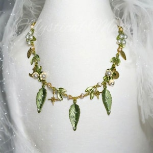 Enchanted Forest Leaf Necklace Fairycore Gold & Green Jewelry with Pearls, Moons Stars Boho Nature-Inspired Statement Necklace