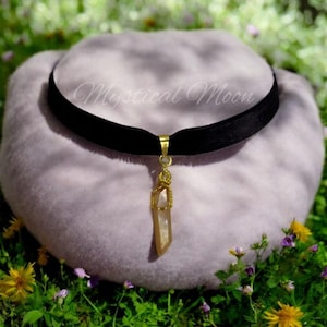 Magical Quartz Shard Gemstone Pendant on Black Velvet Choker Necklace Witchy Wiccan Handmade Jewelry Gothic Goth Accessory