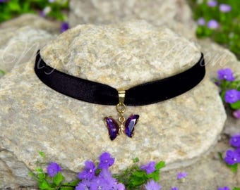 Purple Crystal Butterfly Choker Black Velvet Necklace With Gold