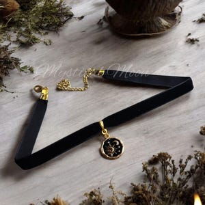 Celestial Black Velvet Choker with Magical Black & Gold Sun and Moon Pendant Witchy Wiccan Handmade Necklace Dark Fantasy