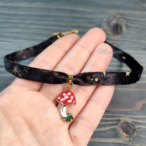 Celestial Woodland Mushroom Charm Pendant Velvet Choker Necklace Handmade Gift for Her Jewelry Fairycore Whimsigoth Accessory