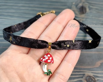 Wald Pilz Anhänger Samt Choker Halskette Handgemachtes Geschenk für Sie Schmuck Fairycore Whimsigoth Accessoire