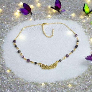 Angel Wings Pendant Beaded Necklace Amethyst and Black Tourmaline Gemstones 18k Gold Plated Chain Whimsical Witchy Wiccan Jewelry Handmade