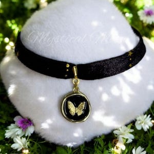 Night Sky Celestial Stars Printed Black Velvet Ribbon Choker Necklace with Golden & Black Butterfly Asymmetric Butterfly Pendant Whimsigoth