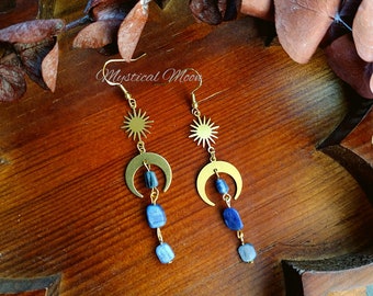 Midnight Dainty Celestial Earrings Sun & Moon with Blue Kyanite Gemstones Boho Earrings Bohemian Gift Healing Gemstone Jewelry
