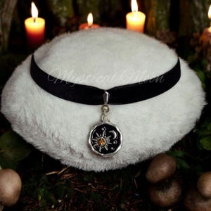 Celestial Black Velvet Choker with Magical Black & Silver Sun and Moon Pendant Witchy Wiccan Handmade Necklace Dark Fantasy