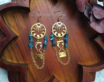 Magische zandloper maanstanden maankroonluchter oorbellen met lapis lazuli edelstenen oorbellen handgemaakte sieraden Witchy sieraden gotisch