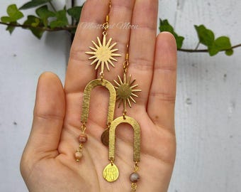 Orecchini ispirati al sole celeste, orecchini pendenti Boho, regalo per lei, pietre preziose color marrone chiaro, gioielli fatti a mano stravaganti