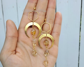 Citrine Gemstones Dangle Earrings Crescent Moon Geometric Handmade Gift Boho earrings Boho Jewelry Bohemian Gift