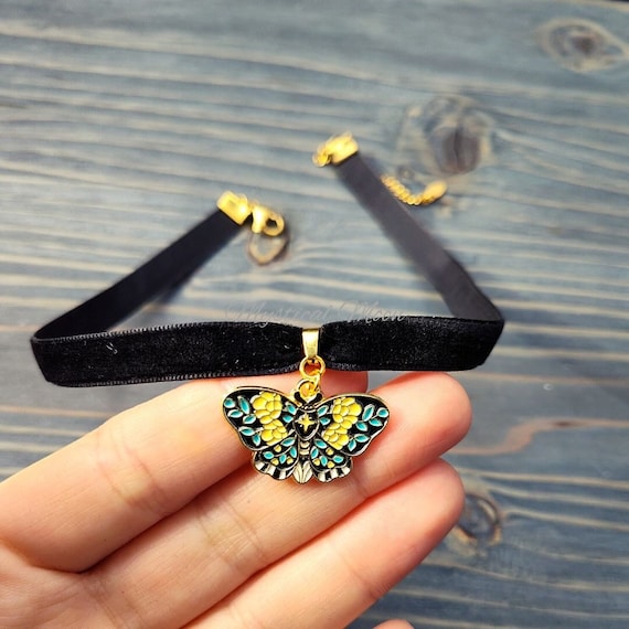 Whimsical Colorful Moth Choker Necklace Black Velvet Ribbon 