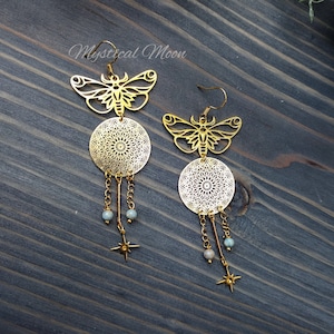 Bohemian Mandala Moth Chandelier Earrings Gemstone Beads Stars